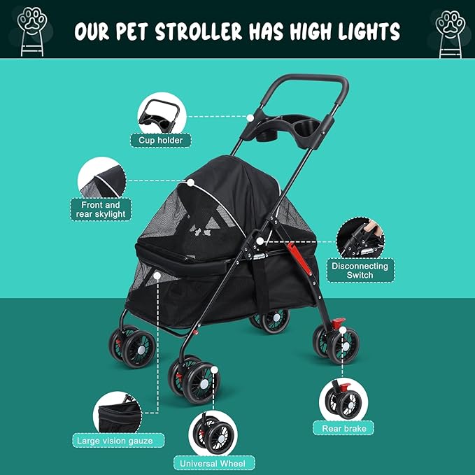 Pet Stroller for Small Dogs Cats, 360 Degree Rotatable Foldable Pet Travel Carrier Pets Strolling Cart with Visible Mesh Adjustable Canopy Cup Holder Rear Wheel Dual Brake 1 Set
