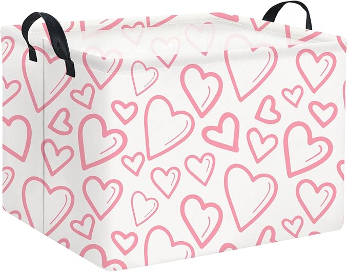 Rectangular Valentines Basket for Home Kitchen Girls Cute Kids Storage Bin Organizer Shelf Book Room Decor(Pink Line Hearts)
