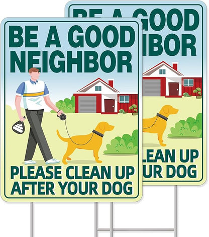 Clean UP After Your Dog Signs, 2-Pack 13"x10" Double-Sided Signs, Corrugated Plastic, H-Stake Metal Stakes, Dog Poop Signs for Lawn, Pick Up After Your Dog Sign