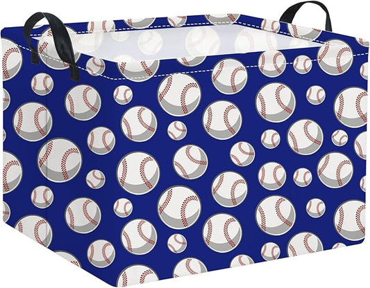 HIYAGON Rectangular Baseball Toy Storage Bin Organizer Box - Kids Gift Basket (Blue Baseball)
