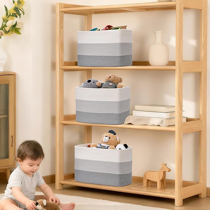 3 Pack Cube Storage Bin, 17”x12”x12” Cotton Rope Woven Baskets for Organizing Toys Clothes Towels, Square Gift Storage Baskets for Shelves, Nursery, Closet, Bathroom, Pantry (3-Tone Gray)