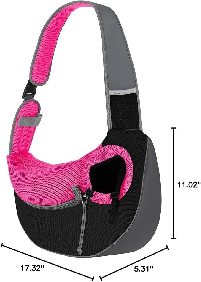 Pawaboo Dog Sling Carrier, Hand Free Breathable Mesh Bag for Puppy Cat, Drawstring Dog Papoose with Adjustable Strap and Pocket, Crossbody Satchel Dogs Purse for Outdoor Travel, M, Magenta