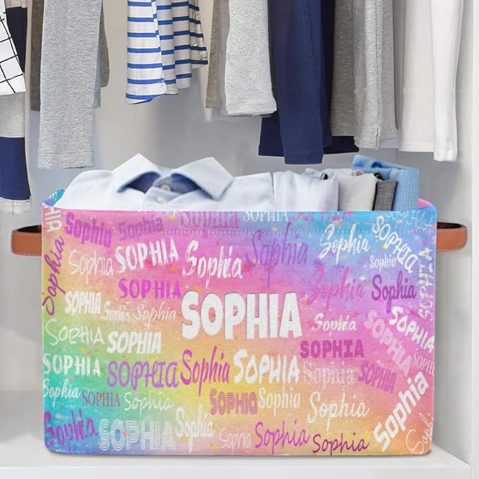 Custom Rectangle Storage Basket, Personalized Name Organizer Bin for Pet/Children Toys, Books, Clothes, Perfect for Rooms/Playroom, Watercolor Colorful Pink