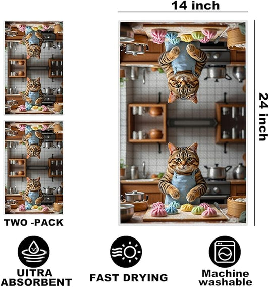 Hanamiya Na 2 Pcs Cute Cat Kitchen Towels 24x14 Inch, Cooking Cats Patterns Reusable Dish Towels for Kitchen Bathroom Decor, Waffle Weave Hand Cloth Tea Towel, Cat Lover Gifts for Women Mom Friend