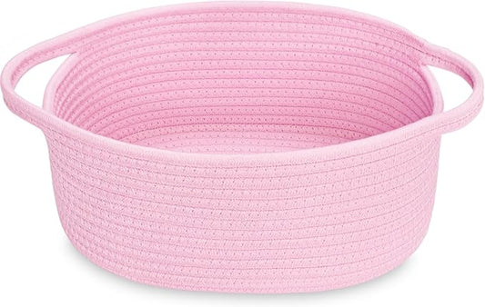 ABenkle Small Basket, 12"x 8" x 5" Cute Small Woven Basket, Rope Room Shelf Storage Basket, Cat Dog Toys Basket Chest Box, Decorative Empty Gift Basket with Handles - All PInk