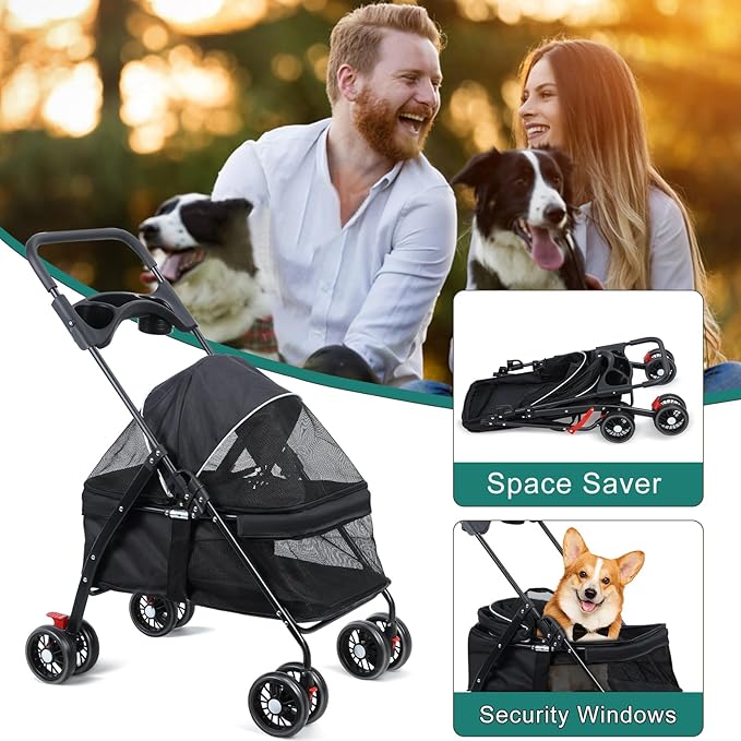 4 Wheels Pet Stroller for Medium Small Dog up to 50lbs, Dog Cat Stroller, Outdoor Travel Pet Folding Strollers, Cat Cage Strollers with Cup Holder, Breathable and Visible Mesh 1 Set