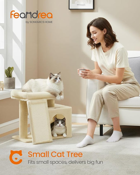 Feandrea Small Cat Tree, Cat Tower Condo, Scratching Ramp, Large Top Perch, Cave, 20.1 x 15.4 x 18.3 Inches, Summer Sand UPCT010LF02S