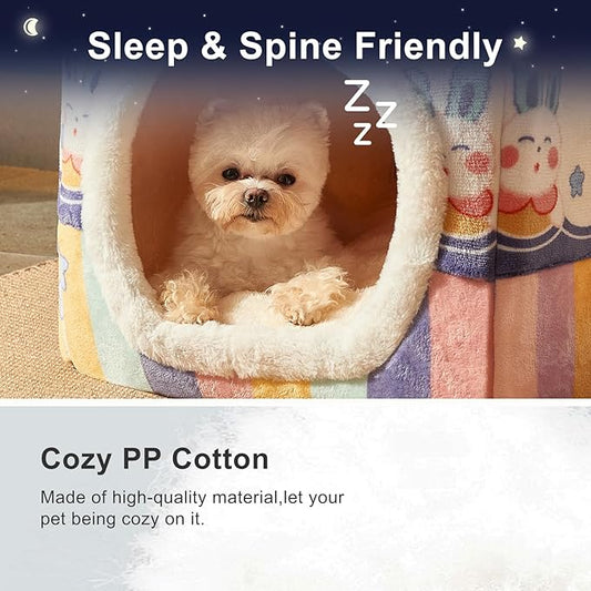 JIUPETY Cute Cat Houses for Indoor Cats, Dog Bed with Cover Cave, M Size Cat Cave for 7-14 Lb Dogs and 9-17 Lb Cats, Igloo Dog House with Non-Slip Bottom, Rainbow