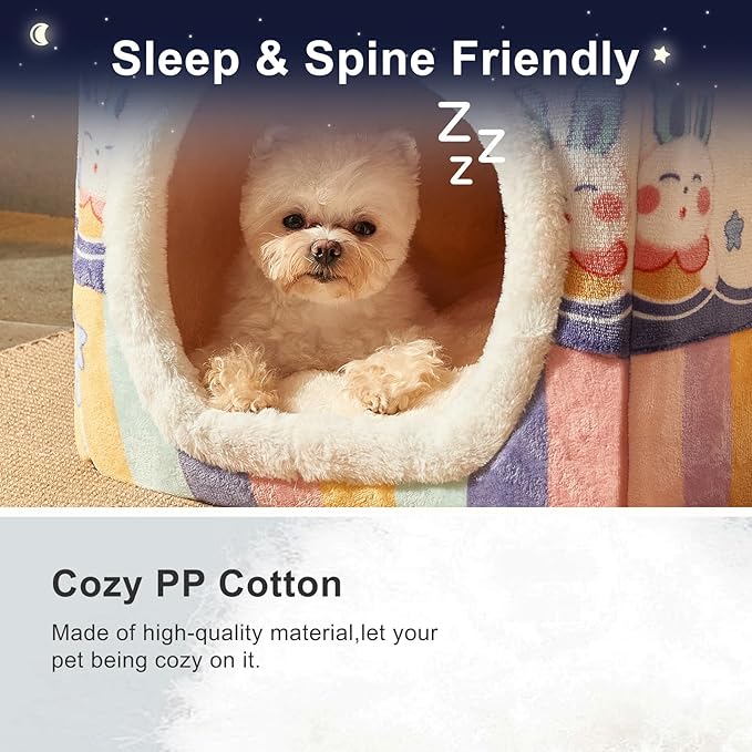 JIUPETY Cute Small Dog House Indoor, Foldable House Kennel Bed Mat with Cushion, L Size Tent for 15-20 lb Dogs and 18-22 lb Cats, Dog Cave Bed with Non-Slip Bottom, Rainbow