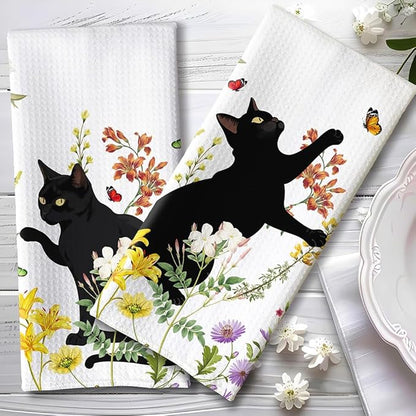 2-Pack Black Cat & Floral Kitchen Towels Decorative Set - Playful Feline Set-Quick-Drying Decorative Design Hand Towels for Cooking, Bathroom Decor - Purrfect Funny Gifts for Cat Lovers for Women