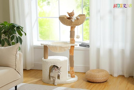 MUTTROS Modern Cat Tree for Large Cats, Wood Cat Tower for Indoor Cats, Real Branch Luxury Cat Furniture with Super Large Cozy Condo and Hammock & Scratching Post, Top Basket, White