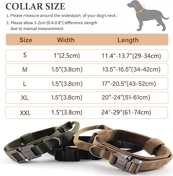 Tactical Dog Collar Set, Adjustable Military Training Nylon Dog Collar with Control Handle and Heavy Quick-Release Metal Buckle for Small Medium Large Dogs, Brown S