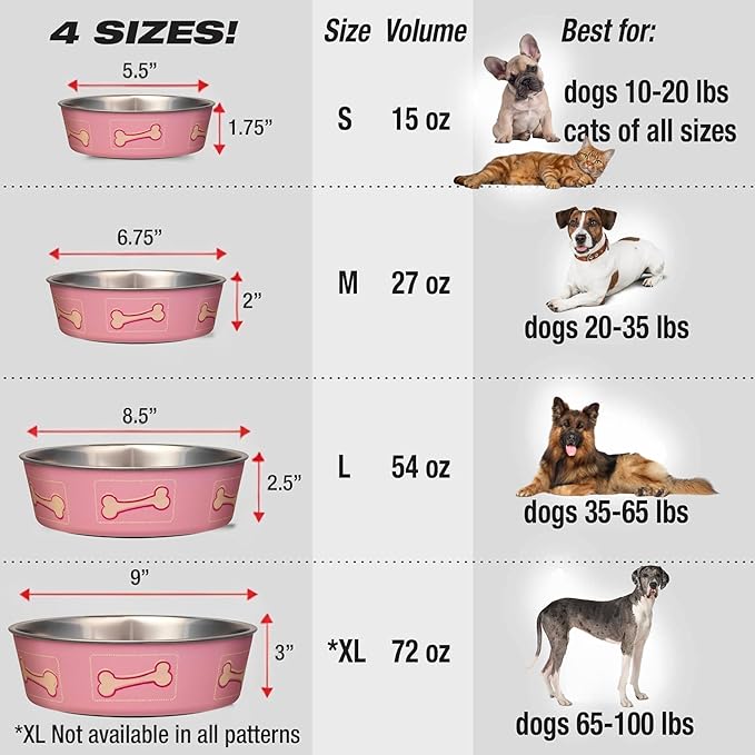 Loving Pets Bella Dog Bowls- Stainless Steel Dog & Cat Bowls - Spill Proof Dog Food Bowl, Cat Bowl, Puppy Essentials & Pet Supplies Great for Home & Travel (Small 10-20 lbs, Coastal Pink)