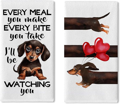Dachshund Dog Kitchen Dish Towels Set of 2, Love Hearts Balloons Drying Hand Towel Baking Cooking Cloth, Home Decoration Pet Lover Gifts 18 x 26 Inches