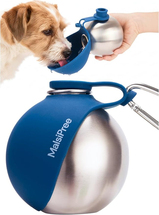 MalsiPree 2-in-1 Portable Dog Water Bottle and Travel Bowl for Small Dogs - Stainless Steel Dog Water Jug for Walking, Hiking, and Car Trips - Leak-Proof Dog Water Bottle Portable - 10oz Navy