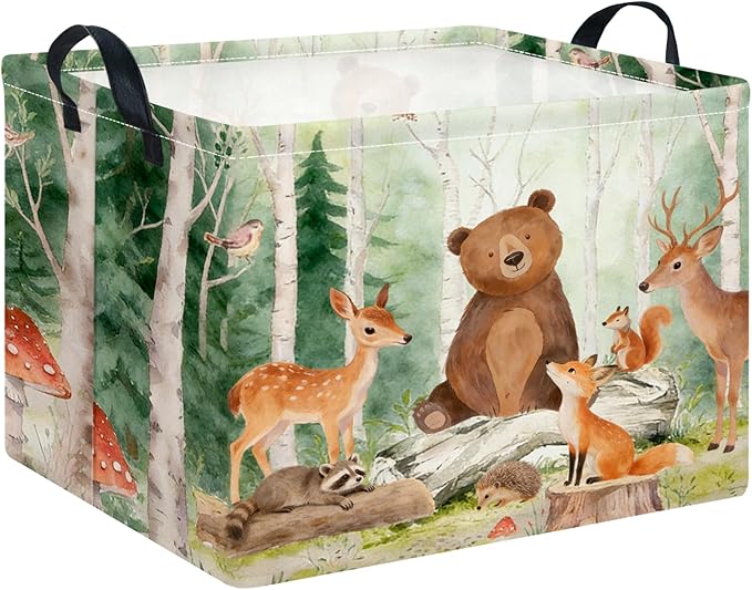 CLOCOR Rectangular Storage Basket,Collapsible Cute Pattern Storage Bin,Waterproof Books Box with Handles,Gift Basket(Forest Animals)