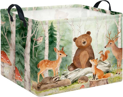 CLOCOR Rectangular Storage Basket,Collapsible Cute Pattern Storage Bin,Waterproof Books Box with Handles,Gift Basket(Forest Animals)