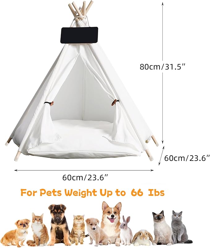 Pet Tent/Tipi for Cats & Dogs - Washable Canvas, Foldable Pet Teepee with Anti-Slip Base & Detachable Cushion | Indoor/Outdoor Safe Shelter for Pets-White-L