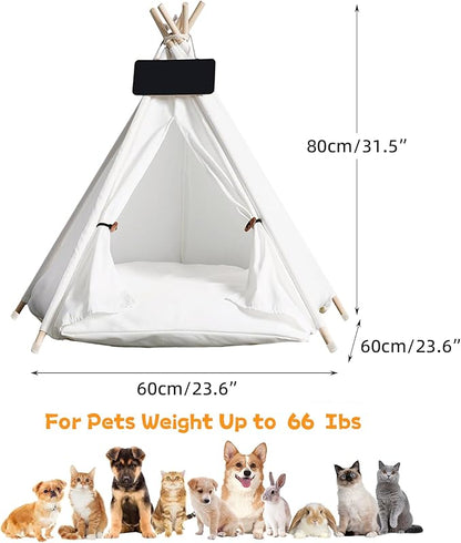 Pet Tent/Tipi for Cats & Dogs - Washable Canvas, Foldable Pet Teepee with Anti-Slip Base & Detachable Cushion | Indoor/Outdoor Safe Shelter for Pets-White-L