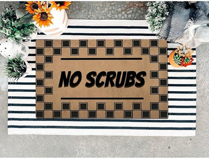 Funny Welcome Doormat (23.7 in X 15.6 in) Anti-Slip Rubber Back Entrance Way Indoor Front Porch Decor Rugs House Warming Gift (No Scrubs Door Sign Black Striple)