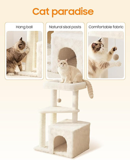 Cat Tree Tower for Indoor Cats, 33 Inches Multi-Level Cat Condo with Scratching Posts, Large Perch, Hanging Toy for Large Adult Cats, Beige