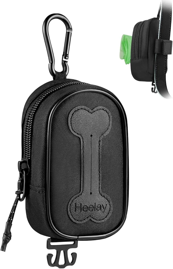 Dog Poop Bag Holder, Hands Free Cute Dog Poop Bag Dispenser for Leash with Big Opening Pet Waste Bag Holder Zippered Pouch with Carabiner Hook Waterproof Pet Poop Bag Holder Black