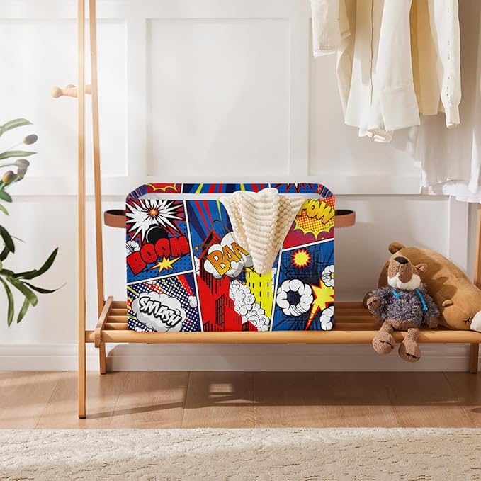 Rectangle Storage Basket with Handles, Cube Organizer Bins for Shelves Collapsible Toys Storage Box Clothes Baskets for Nursery Home Kids Room(Comics)