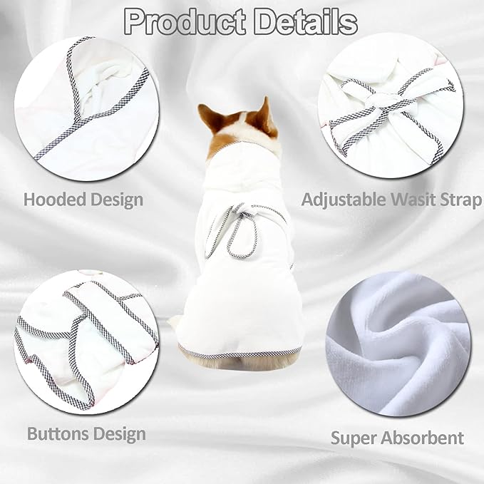 Dog Bathrobe, Microfiber Fast Drying Absorbent Hooded Bath Towel White for Puppy Small Medium Large Dog Cat (M, White)