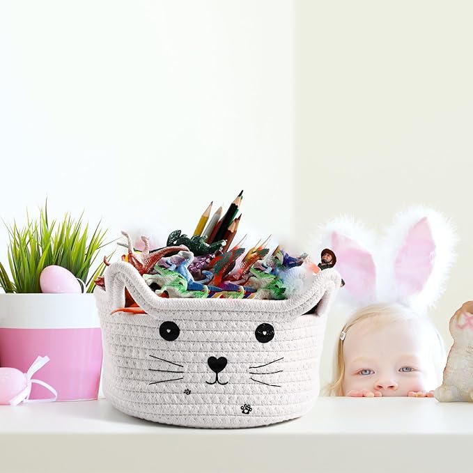 Zopeal Cat Basket Storage Woven Organizer with Ears Easter Decorative Pet Toy Cute Cotton Rope Basket for Gift Cat Dog Toy Bin Nursery Room(8.3 x 4.7 Inch,White)