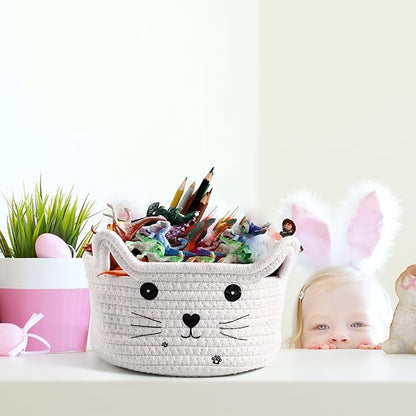 Zopeal Cat Basket Storage Woven Organizer with Ears Easter Decorative Pet Toy Cute Cotton Rope Basket for Gift Cat Dog Toy Bin Nursery Room(8.3 x 4.7 Inch,White)