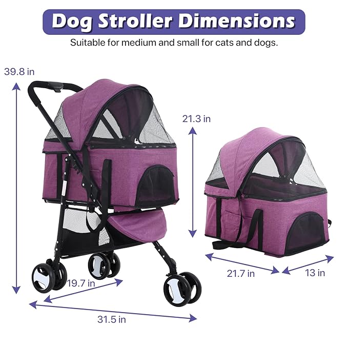 3-in-1 Folding Pet Stroller with 3 Wheels for Medium Small Dogs & Cats - Lightweight Travel Pet Stroller with Detachable Carrier, Purple