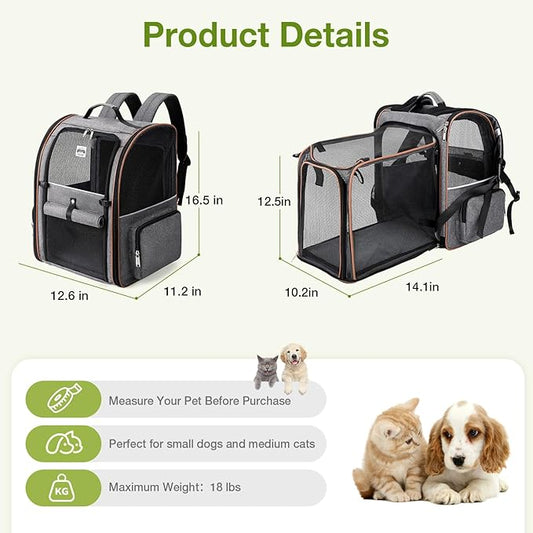 Lekebobor Cat Carrier Backpack, Expandable Pet Carrier with Sun Shade & Full Front Opening, Breathable Mesh Backpack for Small Dogs & Medium Cats Up to 18 Lbs, Foldable for Hiking, Camping (Grey)