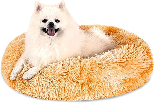 Calming Dog Bed for Small Dogs Cats, Kitty Puppy 23'' Round Anti-Anxiety Warm Fluffy Plush Faux Fur Bed, Soft Anti-Slip Donut Washable Small Pet Bed, Cozy Cat Puppy Bed, Fits up to 30 lbs Pets