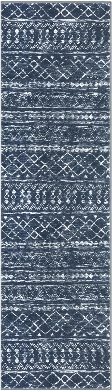 KUTA Moroccan Washable Runner Rug, 2x7 Non-Slip Vintage Navy Blue Boho Hallway Kitchen Rugs Ultra Soft Distressed Geometric Floor Carpet Runners for Bedroom Laundry Living Room
