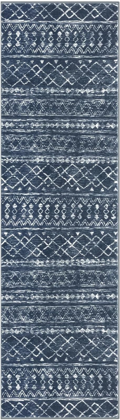 KUTA Moroccan Washable Runner Rug, 2x7 Non-Slip Vintage Navy Blue Boho Hallway Kitchen Rugs Ultra Soft Distressed Geometric Floor Carpet Runners for Bedroom Laundry Living Room