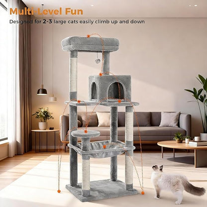 MUTTROS Cat Tree for Large Cats Adult with Metal Plush Big Hammock, 56.3" Cat Tower with 2 Door Condo House, 6-Tier Cat Shelves with Scratching Posts and Large Top Perch, Gray