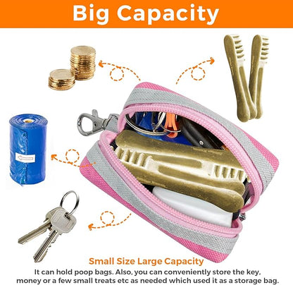 Dog Poop Bag Holder Zippered Pouch, Portable Dog Poop Bag Dispenser with 1 Metal Clip, Fashion Color Matching Canvas Waste Bag Holder for Leashes - Pink