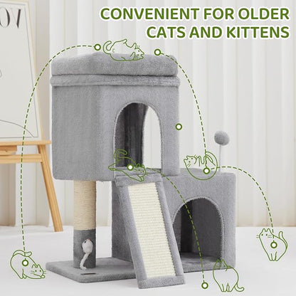 Woochpet 24inch Tall Cat Tree with 2 Cat Condo and Mouse Toy Cozy Small Cat Tower with Scratching Post and Board for Kitties and Small Cats.（Light Grey） (22 * 13 * 28)