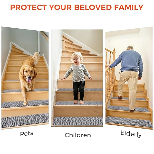 BAGAIL 15 Pack Non-Slip Stair Treads for Wooden Steps, 8"x30" Peel and Stick Carpet Stair Runners, Machine Washable Indoor Step Covers with No-Residue Adhesive for Dogs, Kids & Elderly - Light Gray