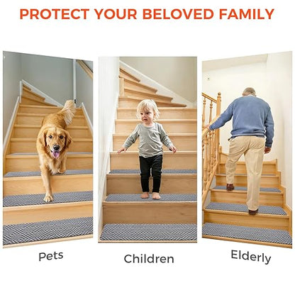 BAGAIL 15 Pack Non-Slip Stair Treads for Wooden Steps, 8"x30" Peel and Stick Carpet Stair Runners, Machine Washable Indoor Step Covers with No-Residue Adhesive for Dogs, Kids & Elderly - Light Gray