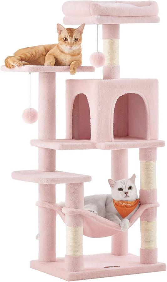 Feandrea Cat Tree, 44.1-Inch Cat Tower, Plush Multi-Level Condo with 4 Scratching Posts, 2 Perches, Hammock, Cave, Jelly Pink UPCT261P01