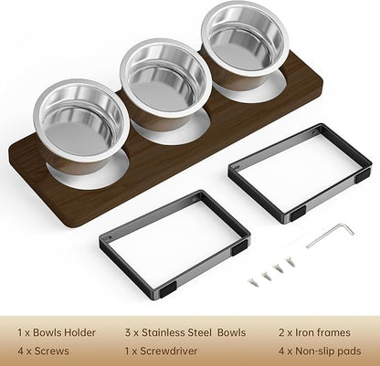 Elevated Cat Bowls with 3 Stainless Steel Bowls | 10° Tilted Anti-Vomiting Raised Cat Food Bowl for Small Cats and Puppies Pet Bowl with Stand（Walnut Color）