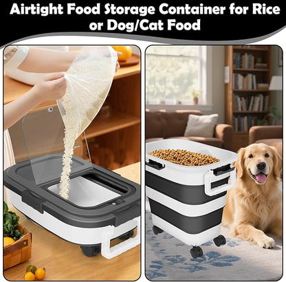 25Lbs Dog Food Storage Container, Large Collapsible Pet Cat Food Container with Airtight Lids Wheels Handle Scoop Measuring Cup Small Container, Rice Kitchen Dry Food Storage Dispenser Bin (Black)