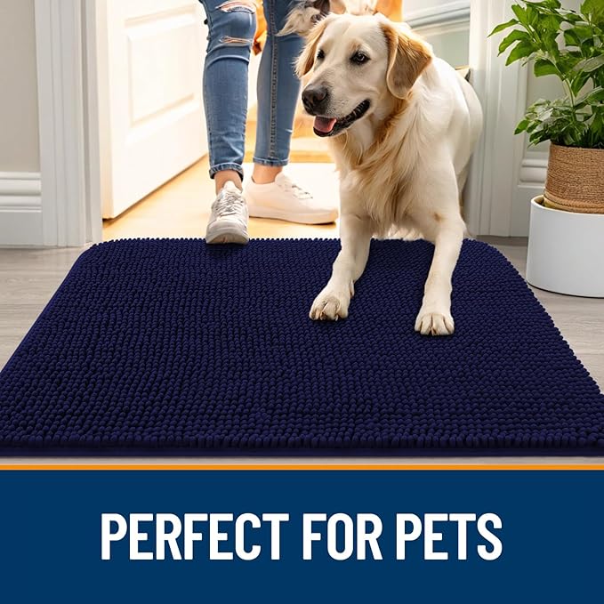 OLANLY Dog Door Mat Set 2-Piece 30x20, Absorbs Moisture and Dirt, Absorbent Non-Slip Washable Doormat, Quick Dry Chenille Mud Mat for Dogs, Entry Indoor Entryway Carpet for Inside Floor, Navy Blue