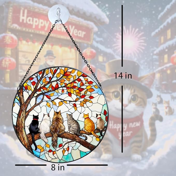 Stained Glass Suncatcher Window Hanging - 6 Cats on a Branch, Cat Lover Gifts for Women Men Mom, Home Decor for Window Door, Christmas Birthday, 7.87x7.87 in