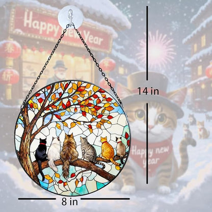Stained Glass Suncatcher Window Hanging - 6 Cats on a Branch, Cat Lover Gifts for Women Men Mom, Home Decor for Window Door, Christmas Birthday, 7.87x7.87 in