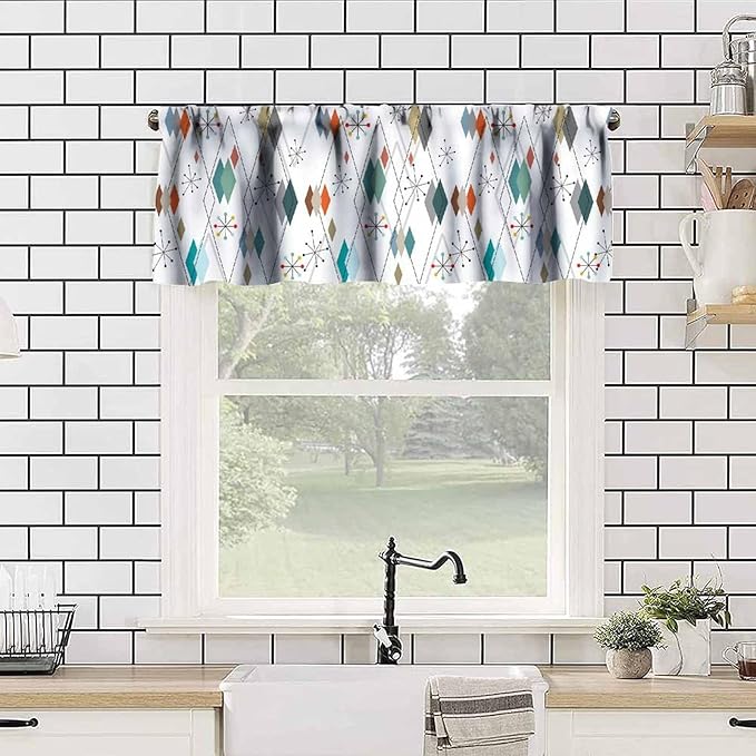 Mid Century Kitchen Valance Curtain, Europen Modern Abstract Colorful Diamond Geometric Print Vintage 1950S 60S Window Curtain Valance for Bedroom Living Room 54x18inch
