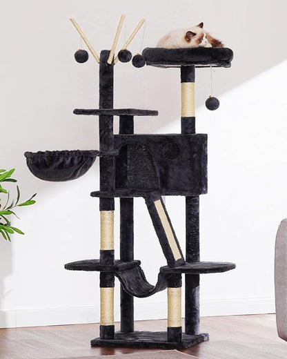 Hey-brother Cat Tree, 53 inch Cat Tower for Indoor Cats, Cat House with Padded Platform Bed, Toy Balls, Large Cozy Condo, Hammocks and Sisal Scratching Posts, Smoky Gray MPJ019-SG