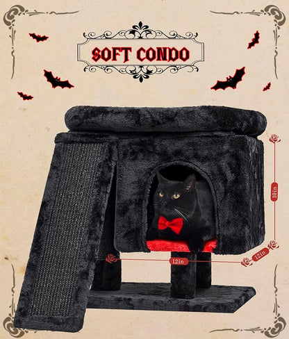 SYANDLVY Gothic Cat Tree with Coffin Bed for Indoor Cats, Cat Tower with Scratching Post, Modern Activity House for Large Cats, Condo with Board, Kittens Cave