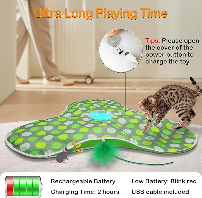 umosis Interactive Cat Toys Rechargeable,Moving Concealed Feathers,Real Mouse Squeaky,Touch Activated Cat Kitten Toy Exercise Toys for Indoor Bored Adult Cats